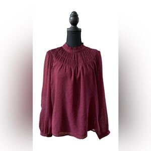 LOFT: Burgundy Swiss Dot Blouse with Pleated Neckline and Mandarin collar
